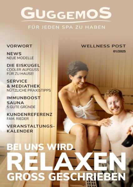 Guggemos Wellness Post 01/2025 mit Paar in der Sauna